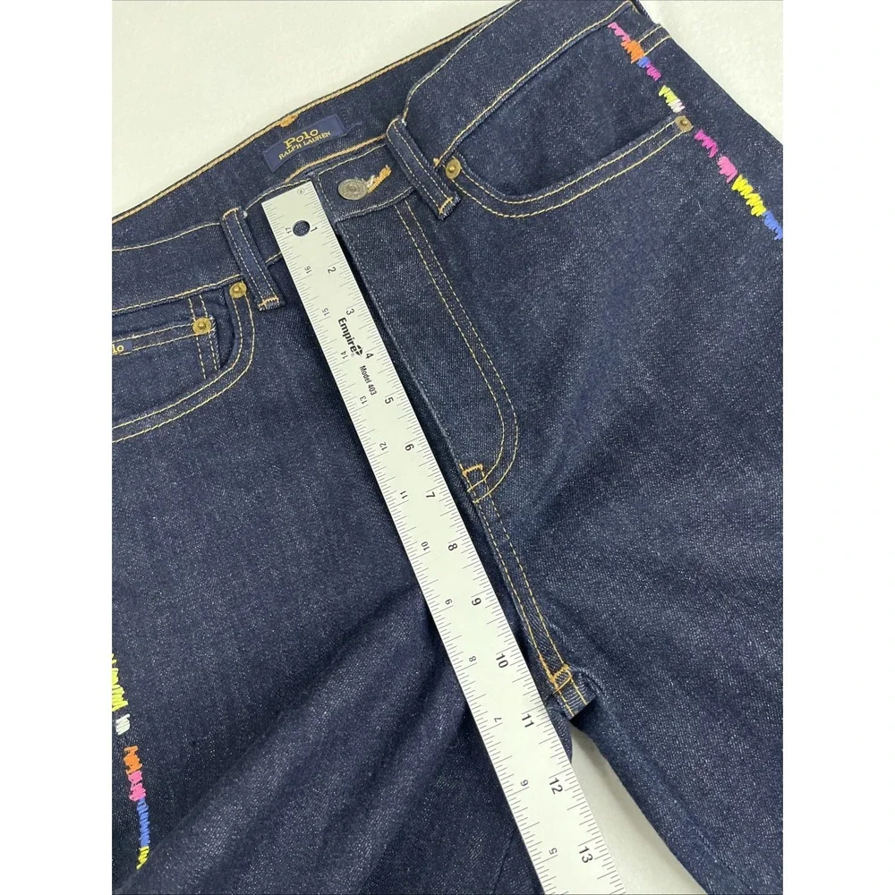 Polo Ralph Lauren Womens Wide Leg Rainbow Stitch Denim Jeans 28x34 Dark Wash NEW